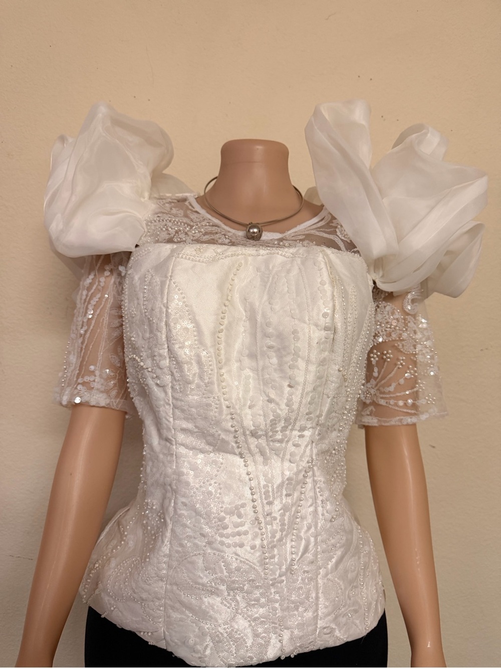 Ivory Embellished Lace Blouse with Dramatic Puff Sleeves